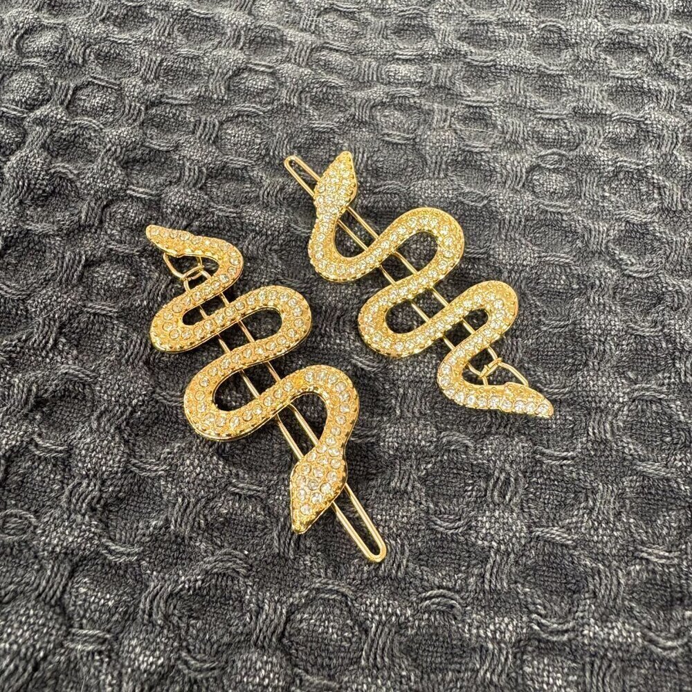 Snake Hair Pins Gold Rhinestone Set of 2 Sparkly Statement Clips